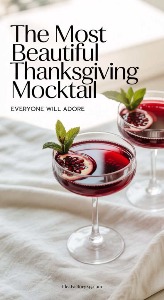 Two elegant glasses of red thanksgiving mocktail garnished with pomegranate slices and mint leaves sit on a white cloth, with text overlay: The Most Beautiful Thanksgiving Mocktail Everyone Will Adore.