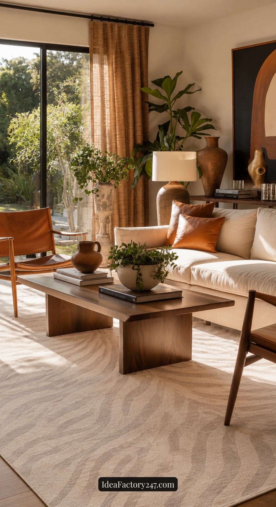 A modern living room with a beige sofa, wooden coffee table, leather chairs, potted plants, large window with sheer curtains, neutral decor, and sunlight streaming in onto a patterned rug.