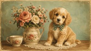 A cute puppy with a green polka-dot bow sits beside a floral teapot vase and matching teacup, with pastel flowers on a lace doily against a vintage blue background.