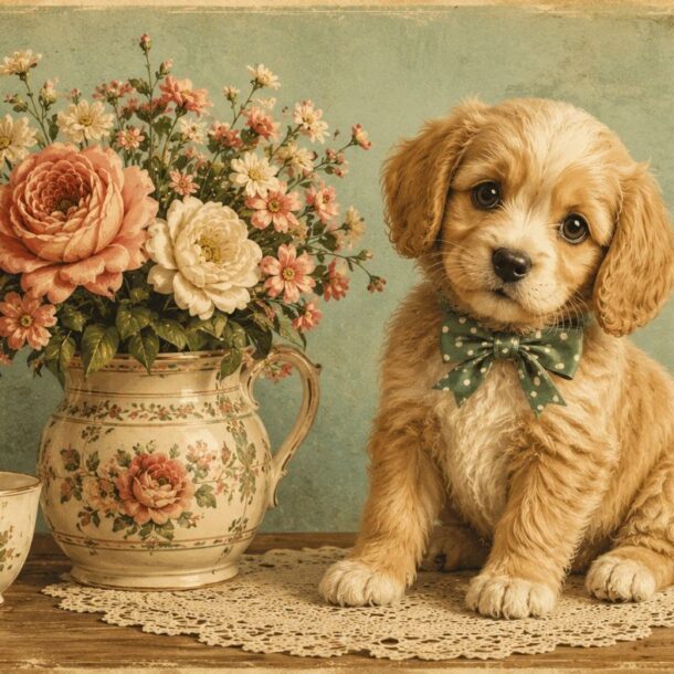 A cute puppy with a green polka-dot bow sits beside a floral teapot vase and matching teacup, with pastel flowers on a lace doily against a vintage blue background.