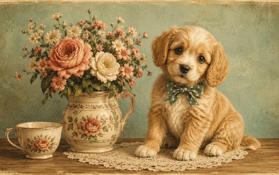 A cute puppy with a green polka-dot bow sits beside a floral teapot vase and matching teacup, with pastel flowers on a lace doily against a vintage blue background.