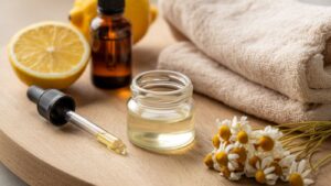 A small glass jar of diy cuticle oil, a dropper, amber bottle, halved lemon, chamomile flowers, and folded beige towels are arranged on a wooden tray, creating a spa-like, natural wellness scene.