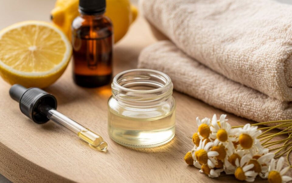 A small glass jar of diy cuticle oil, a dropper, amber bottle, halved lemon, chamomile flowers, and folded beige towels are arranged on a wooden tray, creating a spa-like, natural wellness scene.