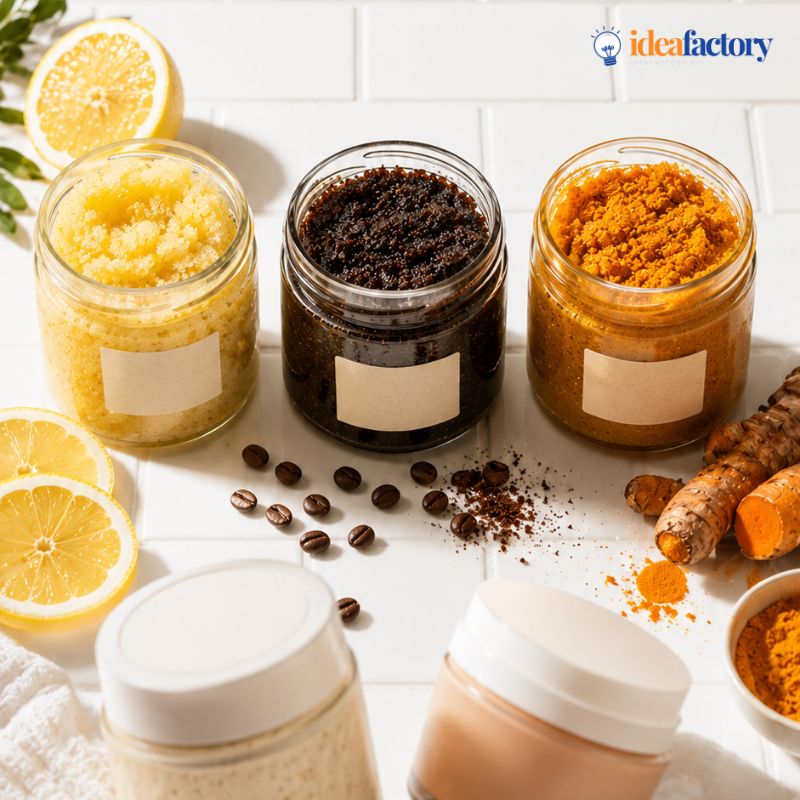 Three jars of homemade body scrub with labels, containing yellow, brown, and orange mixtures. Lemon slices, coffee beans, turmeric roots, and powder are scattered on a white tiled surface. The Idea Factory logo is in the top right corner.