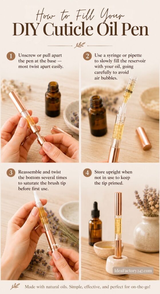 Four-step guide with photos shows how to fill a DIY cuticle oil pen: unscrewing the pen, adding your diy cuticle oil, reassembling and twisting to saturate the brush, then storing upright. Oils and bowls decorate the background.