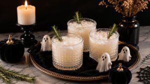Three frothy white cocktails in textured glasses are garnished with rosemary and set on a tray with small ghost figurines, black pumpkins, a lit candle, and dried flowers, creating a spooky, elegant Halloween vibe.