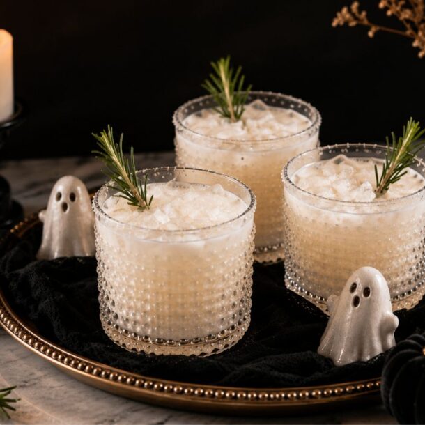 Three frothy white cocktails in textured glasses are garnished with rosemary and set on a tray with small ghost figurines, black pumpkins, a lit candle, and dried flowers, creating a spooky, elegant Halloween vibe.