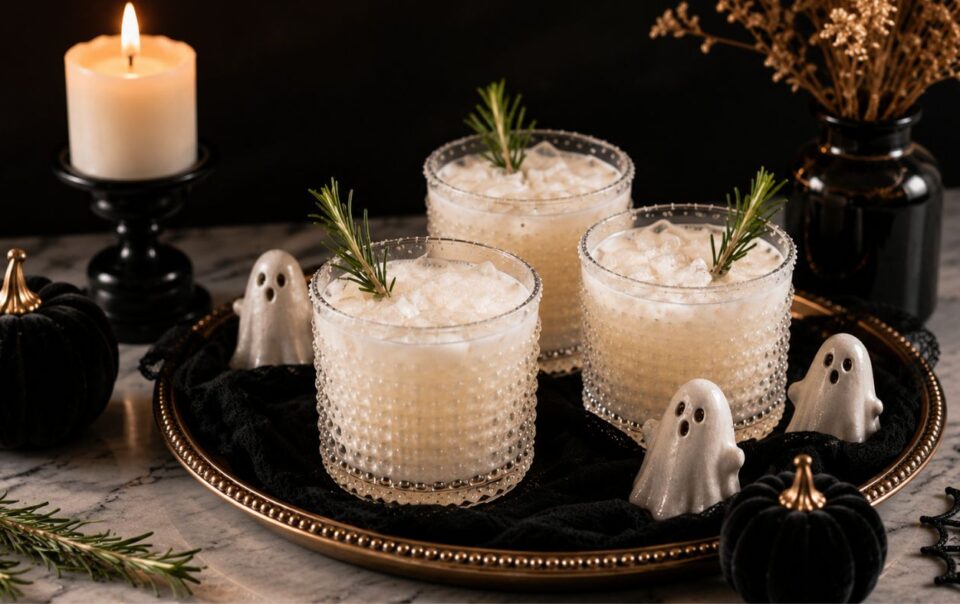 Three frothy white cocktails in textured glasses are garnished with rosemary and set on a tray with small ghost figurines, black pumpkins, a lit candle, and dried flowers, creating a spooky, elegant Halloween vibe.