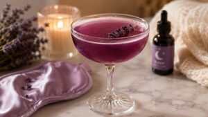 A purple cocktail garnished with a sprig of lavender sits in a coupe glass on a marble surface, next to a lavender sleep mask, a candle, a dropper bottle, and a knitted blanket.