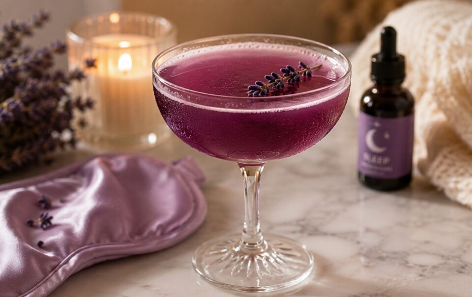 A purple cocktail garnished with a sprig of lavender sits in a coupe glass on a marble surface, next to a lavender sleep mask, a candle, a dropper bottle, and a knitted blanket.