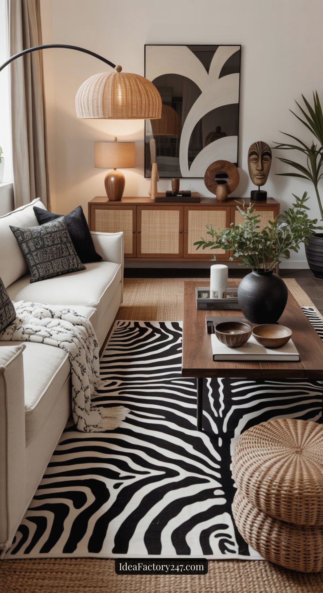 A modern zebra rug living room with a white sofa, wooden coffee table, woven decor, large abstract art, and houseplants. Warm lighting and neutral tones create a cozy, stylish atmosphere.