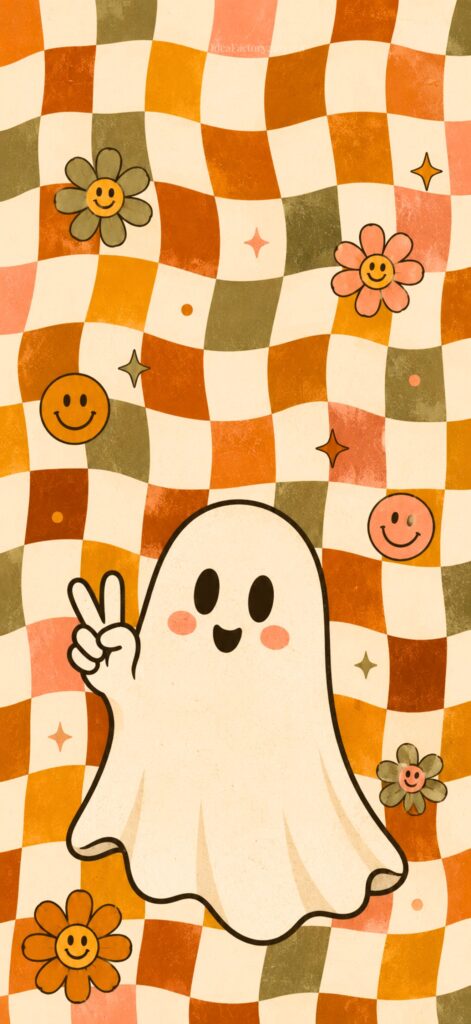 A cute cartoon ghost making a peace sign stands in front of a retro wavy checkerboard background with orange, yellow, and green tones, surrounded by smiling flowers and faces.