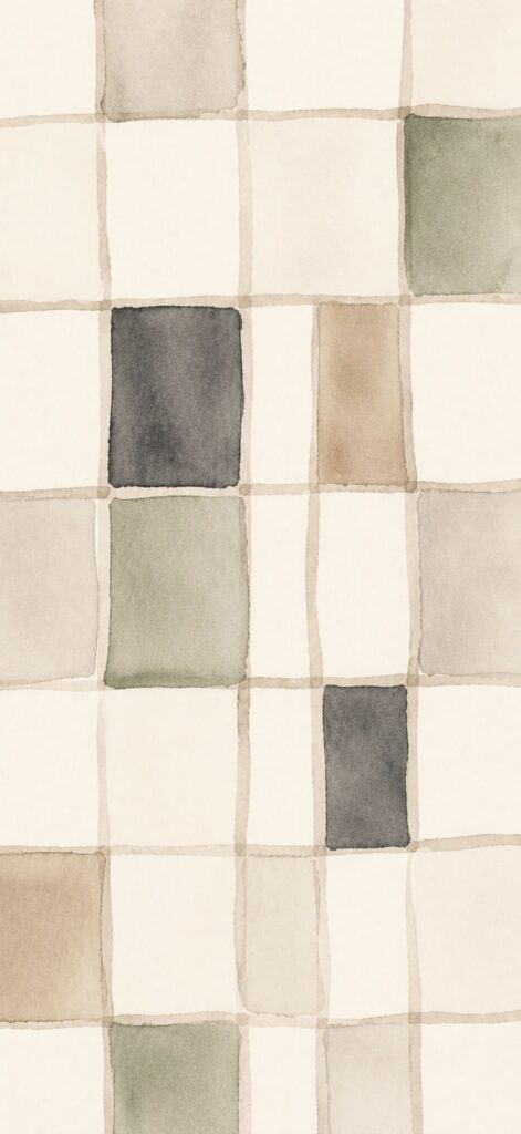 A grid of watercolor squares in neutral tones, including beige, gray, tan, and muted green, with some squares filled in and others left mostly white, creating a simple, hand-painted checkerboard pattern—an abstract iPhone wallpaper perfect for adding subtle artistry to your device.