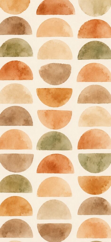 A pattern of watercolor half-circles in earthy tones—brown, green, orange, and beige—arranged in alternating rows on a light background creates a soothing abstract iPhone wallpaper.