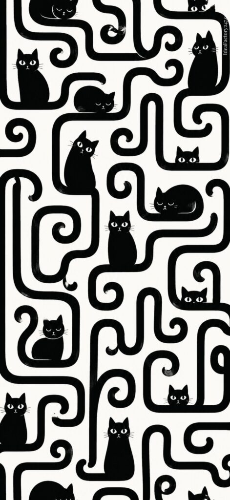 Black cats with wide eyes are scattered among winding, black, swirly lines on a white background, creating a playful and whimsical pattern.