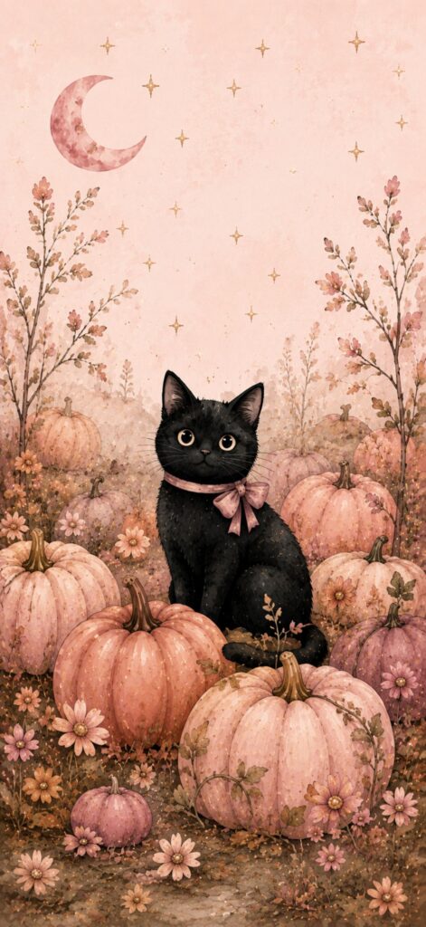 This cute Halloween wallpaper features a black cat with a pink bow sitting among pink pumpkins and flowers under a crescent moon and stars, surrounded by autumn foliage on a pastel background.