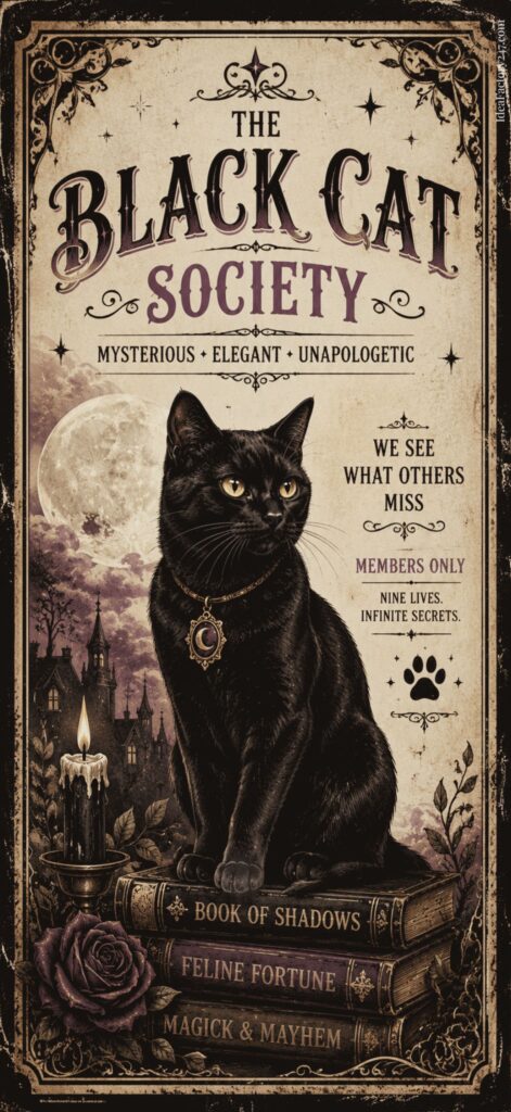 A black cat with a pendant sits on magic books by a candle and a rose, with a full moon and gothic castle in the background. Text reads The Black Cat Society and mystical phrases. Vintage, mysterious design.