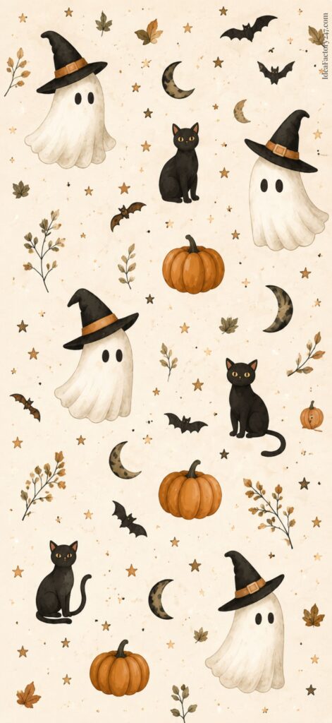 Cute Halloween pattern with ghosts in witch hats, black cats, pumpkins, bats, crescent moons, stars, and autumn leaves on a beige background—perfect as a cute ghost wallpaper for festive seasonal décor.