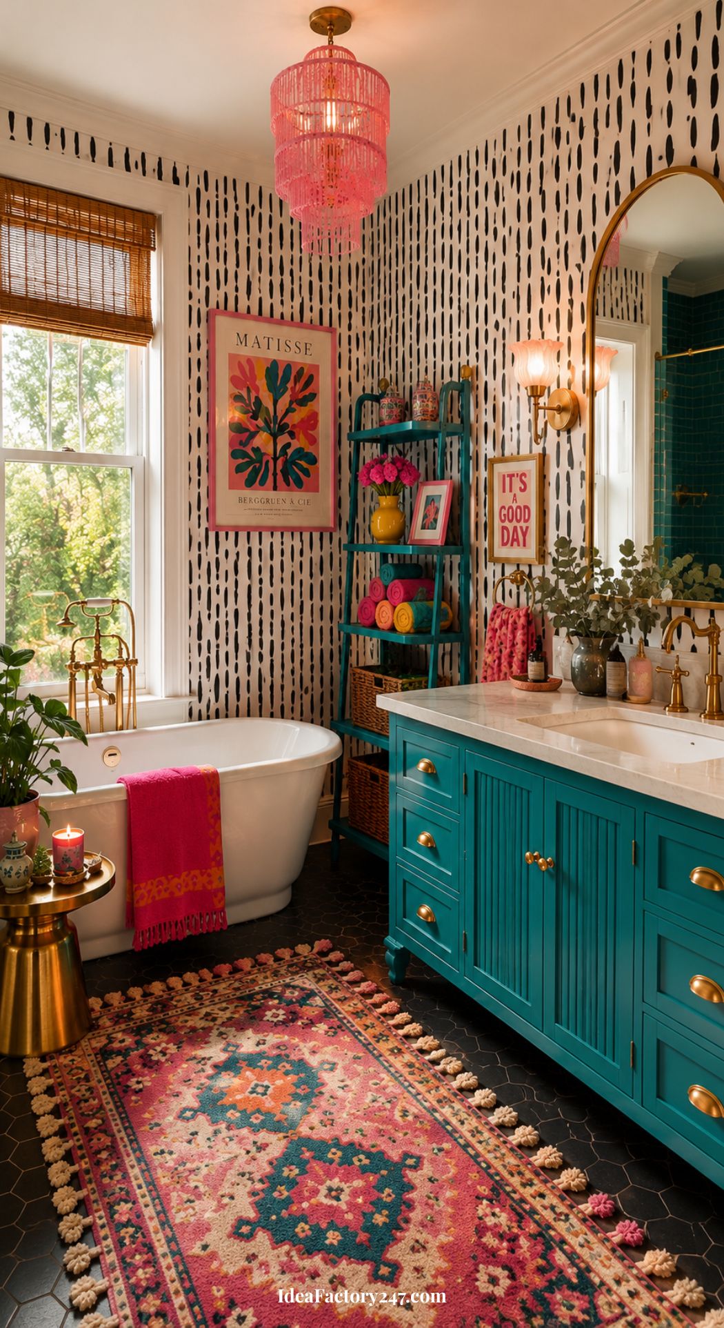 Whimsical bathroom with a teal vanity, clawfoot tub, patterned rug, pink accents, and eclectic decor. Black-and-white dotted wallpaper and a window with natural light add a vibrant, cozy feel.