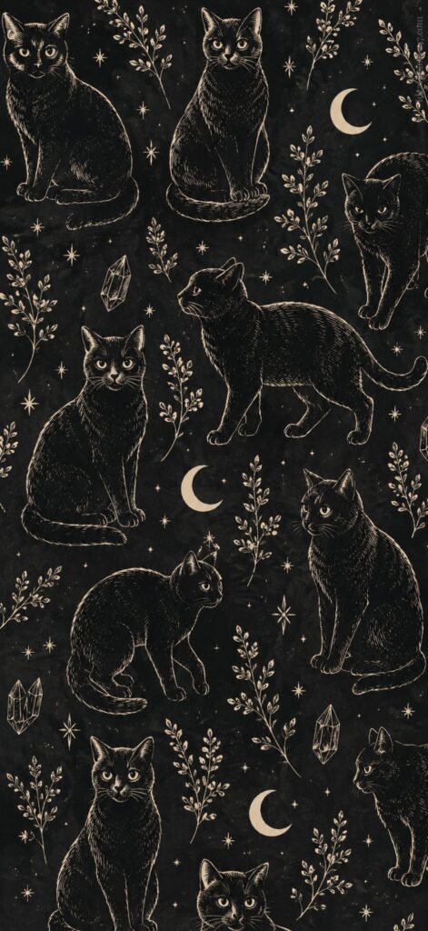 Pattern of black cats sitting and standing among stars, crescent moons, crystals, and delicate floral branches on a dark background, creating a mystical nighttime theme.