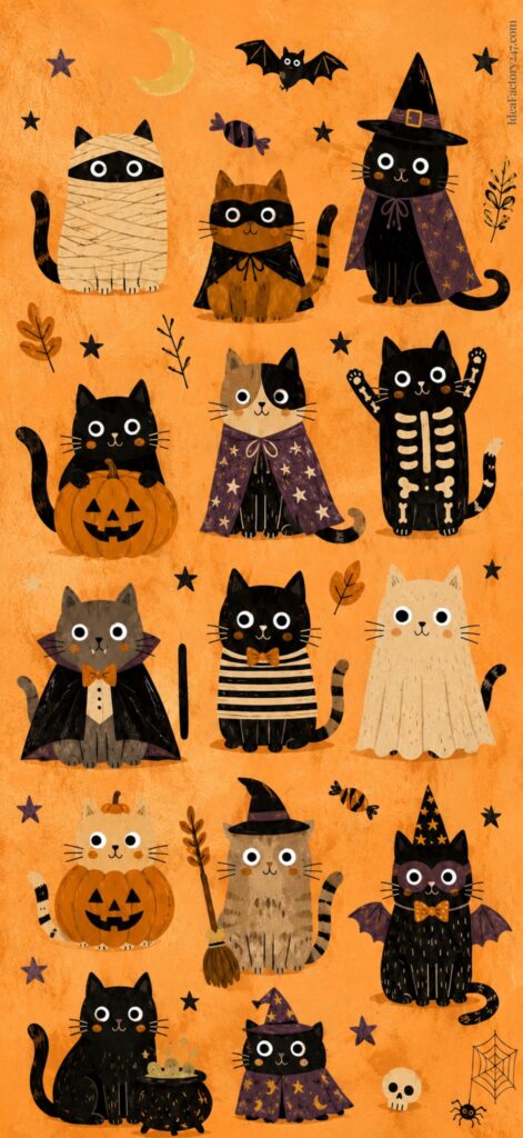 Illustration of fifteen cute cats in various Halloween costumes, including witches, skeletons, ghosts, pumpkins, and capes, all on an orange background with stars, a moon, a bat, and small Halloween-themed decorations.