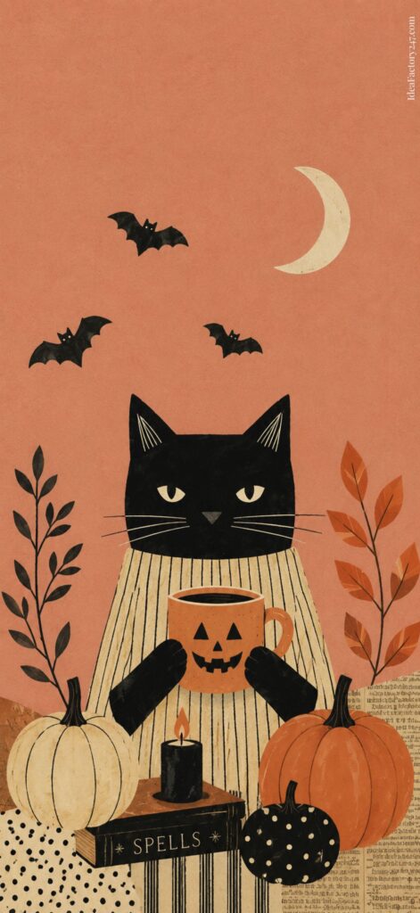 Illustration of a black cat in a striped shirt holding a pumpkin mug, surrounded by pumpkins, a black candle, a spells book, leaves, bats, and a crescent moon on a peach background.