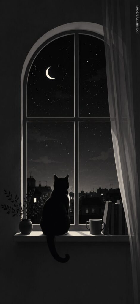 A black cat sits on a windowsill at night, looking out at a crescent moon and stars. The room is dimly lit, with a plant, two cups, and books on the windowsill. Curtains frame the tall arched window.