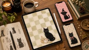 A tablet and two phones display cute black cat wallpaper illustrations on a wooden desk, surrounded by a notebook with cat sketches, a coffee mug, a candle, plants, and decorative items.