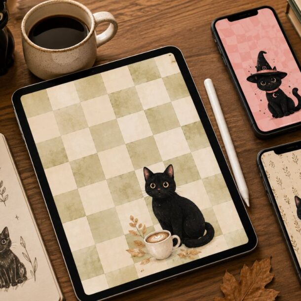 A tablet and two phones display cute black cat wallpaper illustrations on a wooden desk, surrounded by a notebook with cat sketches, a coffee mug, a candle, plants, and decorative items.