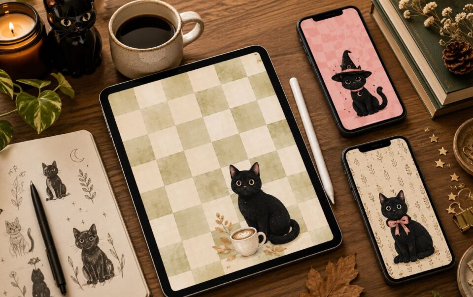 A tablet and two phones display cute black cat wallpaper illustrations on a wooden desk, surrounded by a notebook with cat sketches, a coffee mug, a candle, plants, and decorative items.