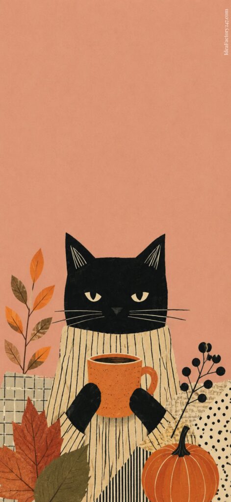 Illustration of a black cat in a striped sweater holding an orange mug, surrounded by autumn leaves, berries, and a pumpkin on a peach-colored background.
