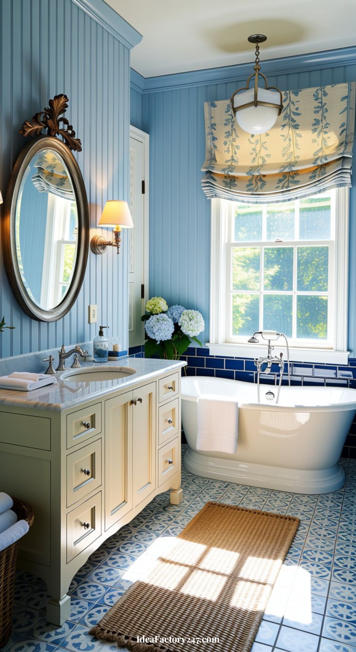 A bright bathroom with blue walls, a round mirror, a white vanity, a bathtub, patterned floor tiles, a window with floral curtains, and a vase of hydrangeas. Natural light fills the space.