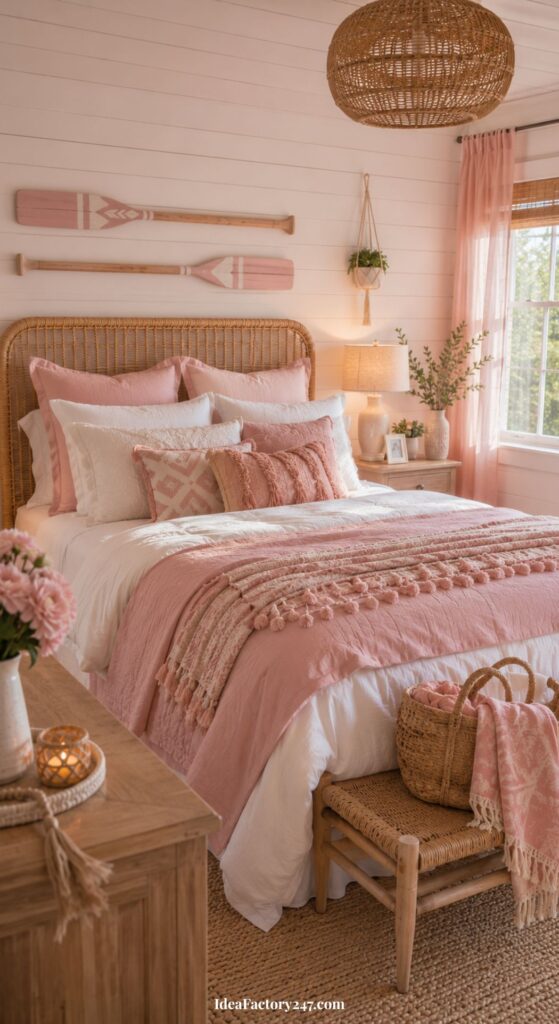 Cozy bedroom with a rattan headboard, pink and white bedding, throw pillows, a woven basket, wooden nightstand, pink curtains, and two decorative oars on a white shiplap wall. Sunlight streams in through the window.