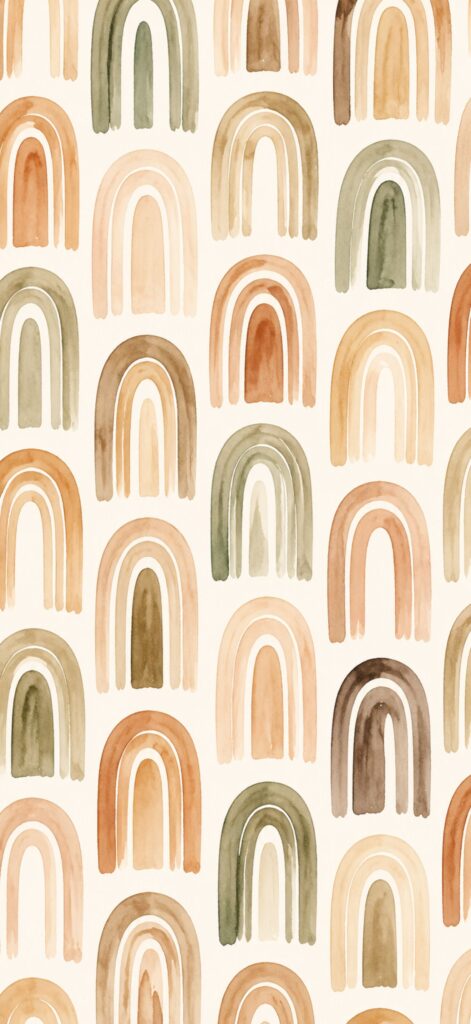 Seamless pattern of abstract rainbows in earthy tones like brown, tan, olive, and beige on a cream background. Each rainbow is painted with three brushstroke arches, repeating in rows and columns—perfect as an abstract iPhone wallpaper for a modern, artistic touch.