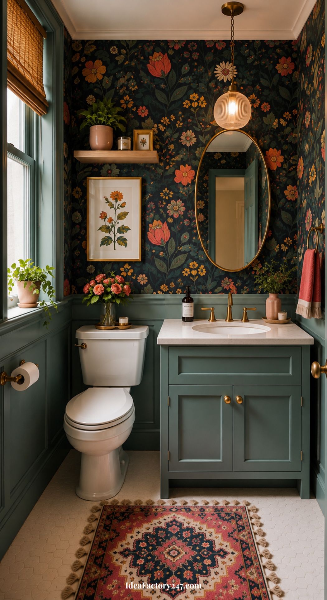 A whimsical bathroom featuring floral wallpaper, green wainscoting, a white toilet, a green vanity, elegant gold fixtures, a round mirror, potted plants, framed art, and a patterned rug on the floor.