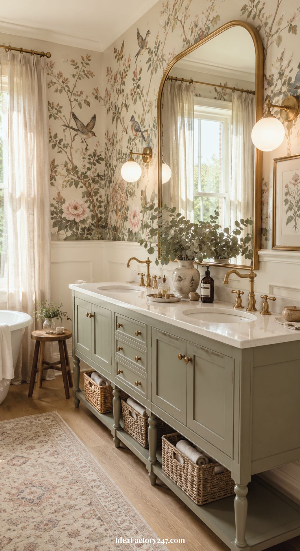 A whimsical bathroom with vintage charm, featuring floral wallpaper, a sage green double-sink vanity, gold fixtures, wicker baskets, and a large arched mirror—softly lit by globe wall sconces and natural light from a curtained window.