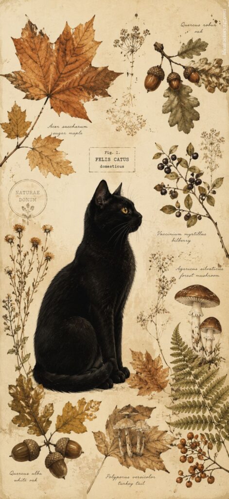A black cat sits surrounded by vintage botanical illustrations of autumn leaves, mushrooms, acorns, and pressed plants, on a beige background with scientific labels.