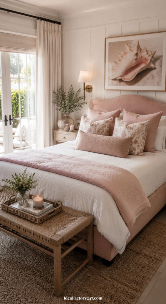 A cozy bedroom with a pink bed, floral pillows, light bedding, a seashell picture above the headboard, a wooden bench with a candle and greenery, and sunlight streaming through glass doors with cream curtains.