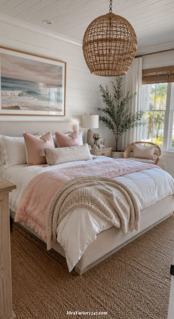 Cozy bedroom with a neutral palette, featuring a large bed with pink and beige pillows, woven pendant light, landscape art, rattan chair, potted plant, and bright natural light from windows.
