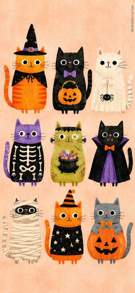 Nine illustrated cats wearing Halloween costumes, including a witch, vampire, skeleton, mummy, pumpkin, and magician, arranged in three rows on a peach background.
