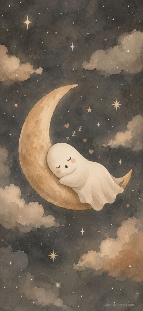 A cute ghost sleeps on a crescent moon surrounded by stars, clouds, and hearts in a dreamy night sky.