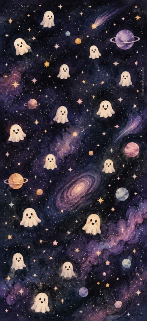 Cute cartoon ghosts float among planets, stars, and galaxies in a whimsical, colorful outer space scene with a watercolor effect.