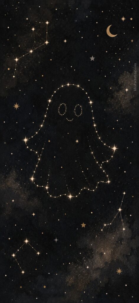 A constellation in the shape of a smiling ghost floats among stars, constellations, and a crescent moon against a dark, starry night sky.