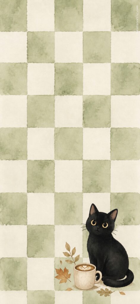A black cat with wide eyes sits next to a latte and autumn leaves on a green and white checkerboard background.