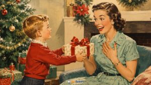 A smiling boy in a red sweater gives a gift with a red bow to a surprised woman in a blue dress, beside a decorated Christmas tree and wrapped presents—capturing the perfect moment of sharing christmas gifts for mom.