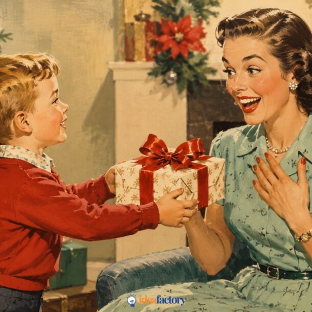 A smiling boy in a red sweater gives a gift with a red bow to a surprised woman in a blue dress, beside a decorated Christmas tree and wrapped presents—capturing the perfect moment of sharing christmas gifts for mom.
