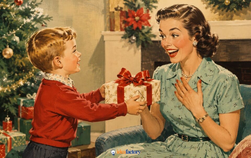 A smiling boy in a red sweater gives a gift with a red bow to a surprised woman in a blue dress, beside a decorated Christmas tree and wrapped presents—capturing the perfect moment of sharing christmas gifts for mom.