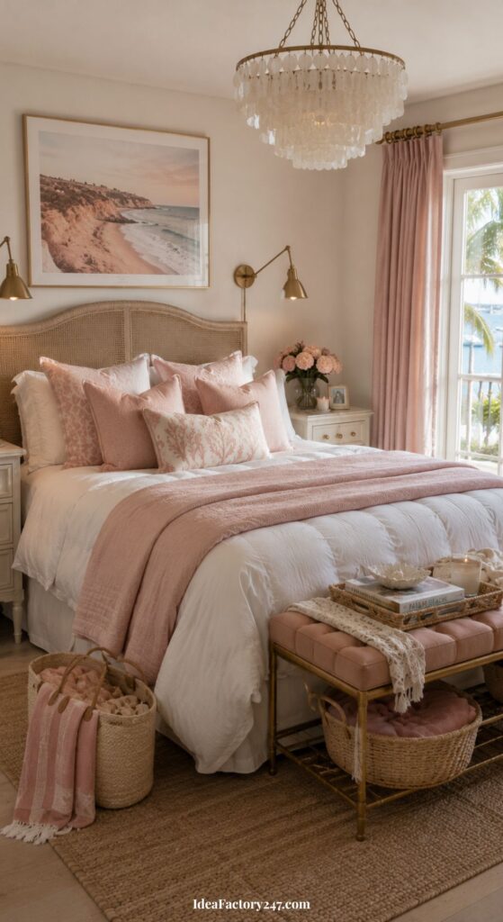 Elegant bedroom with a plush bed in pink and white tones, gold accents, a woven bench, a chandelier, framed beach art, and light streaming from a window with pink curtains. Coastal decor creates a cozy, airy atmosphere.