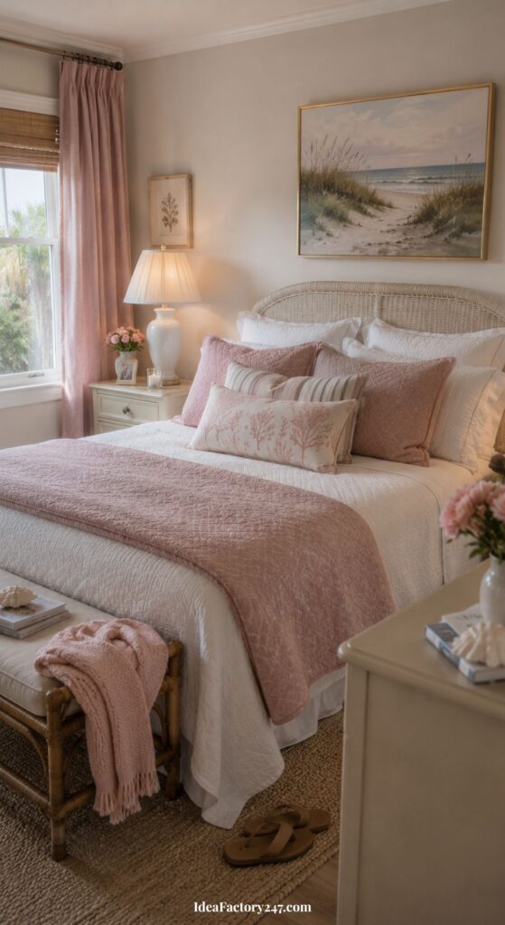 Cozy bedroom with a neatly made bed in soft pink and white tones, a nightstand with a lamp and flowers, a window with pink curtains, beach painting on the wall, and a bench with a pink blanket at the foot of the bed.