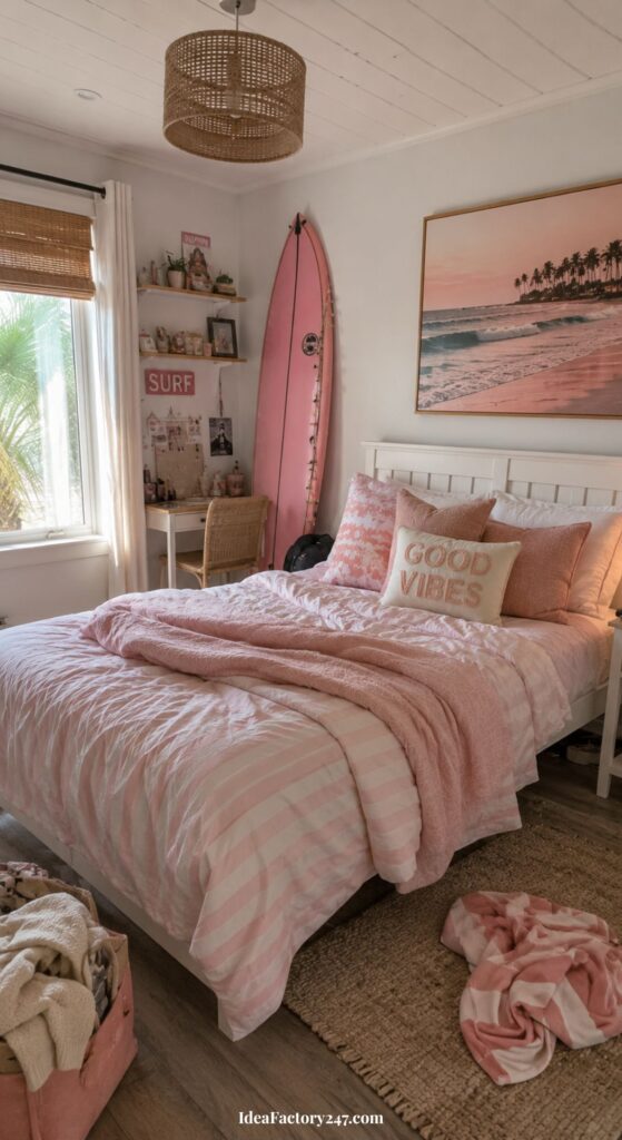 Cozy bedroom with pink and white decor, a Good Vibes pillow on the bed, a surfboard against the wall, a desk with shelves, and sunlight streaming through a window with bamboo shades.